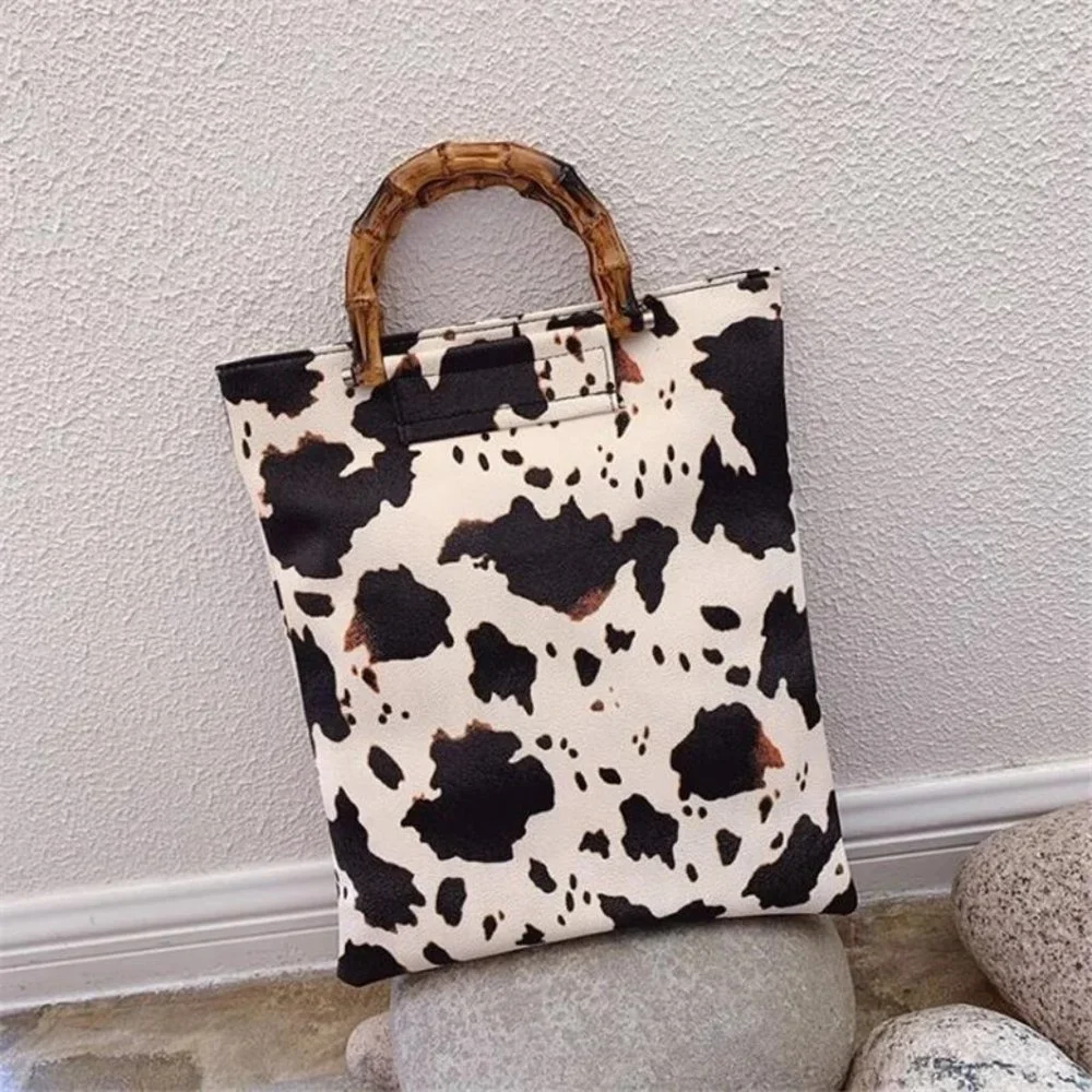 Cow Print Handbag Bamboo Handle Purse Womens Western Collapsible Top Handle Bag